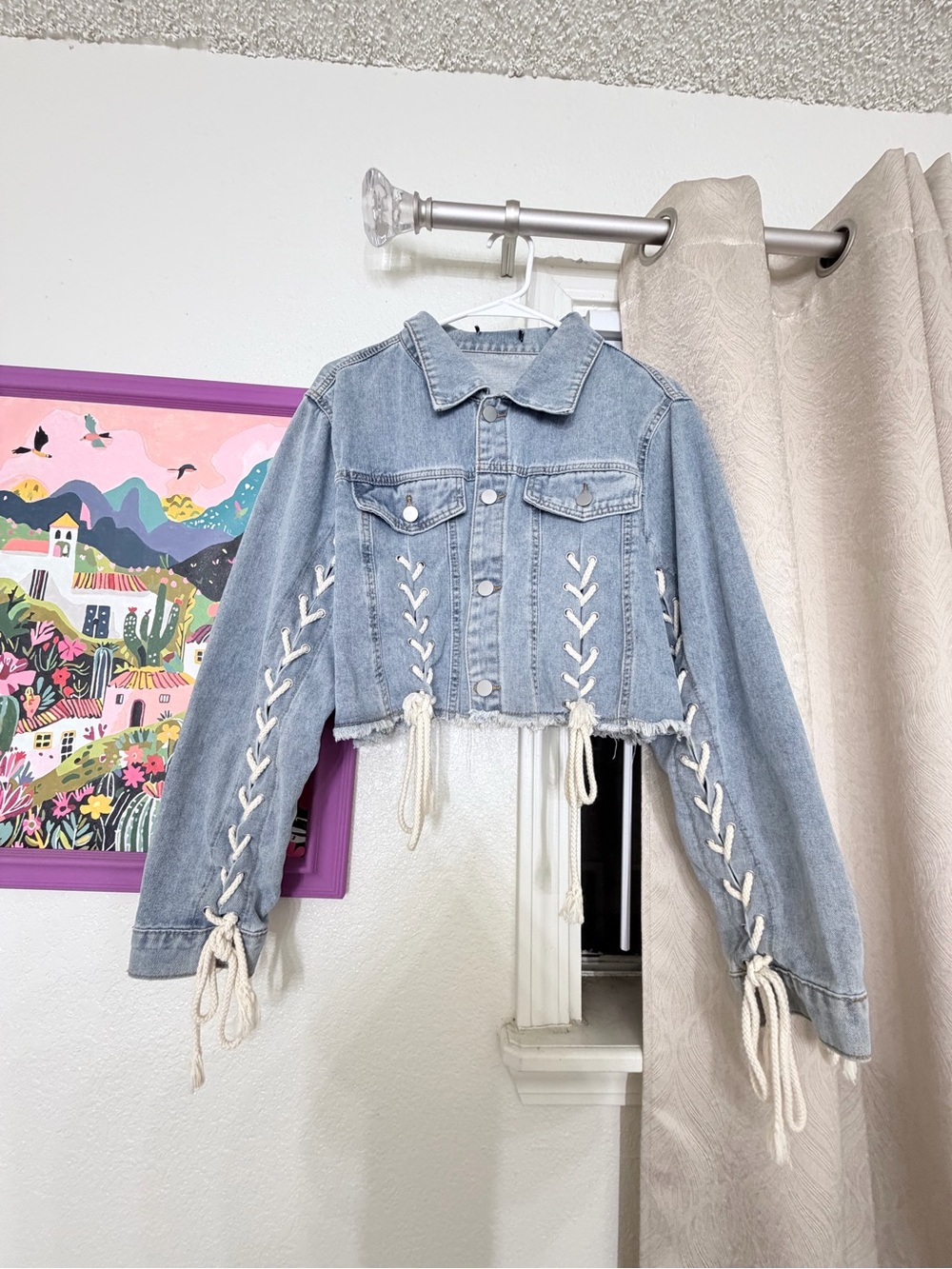 Women's Light Blue Cropped Denim Jacket with Lace-Up Detail